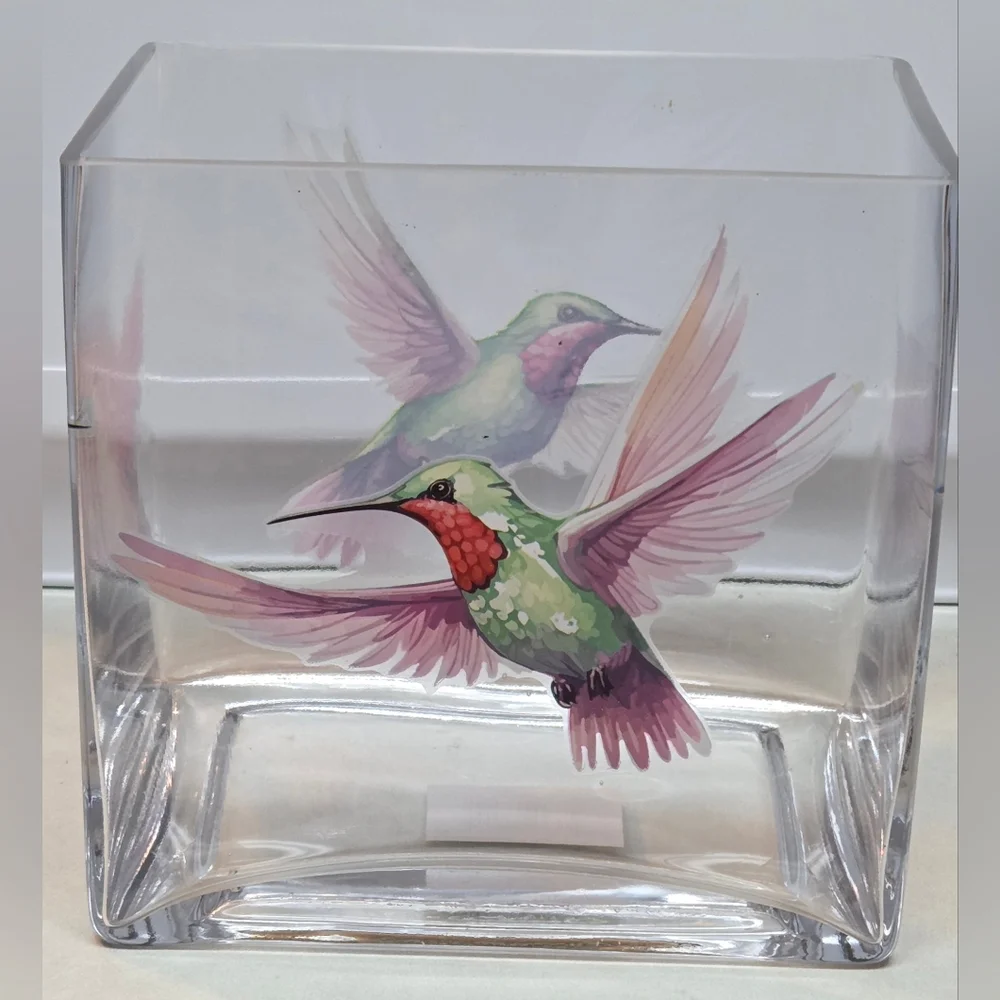 Heavy Glass Hummingbird Decal Vase 6x6x4